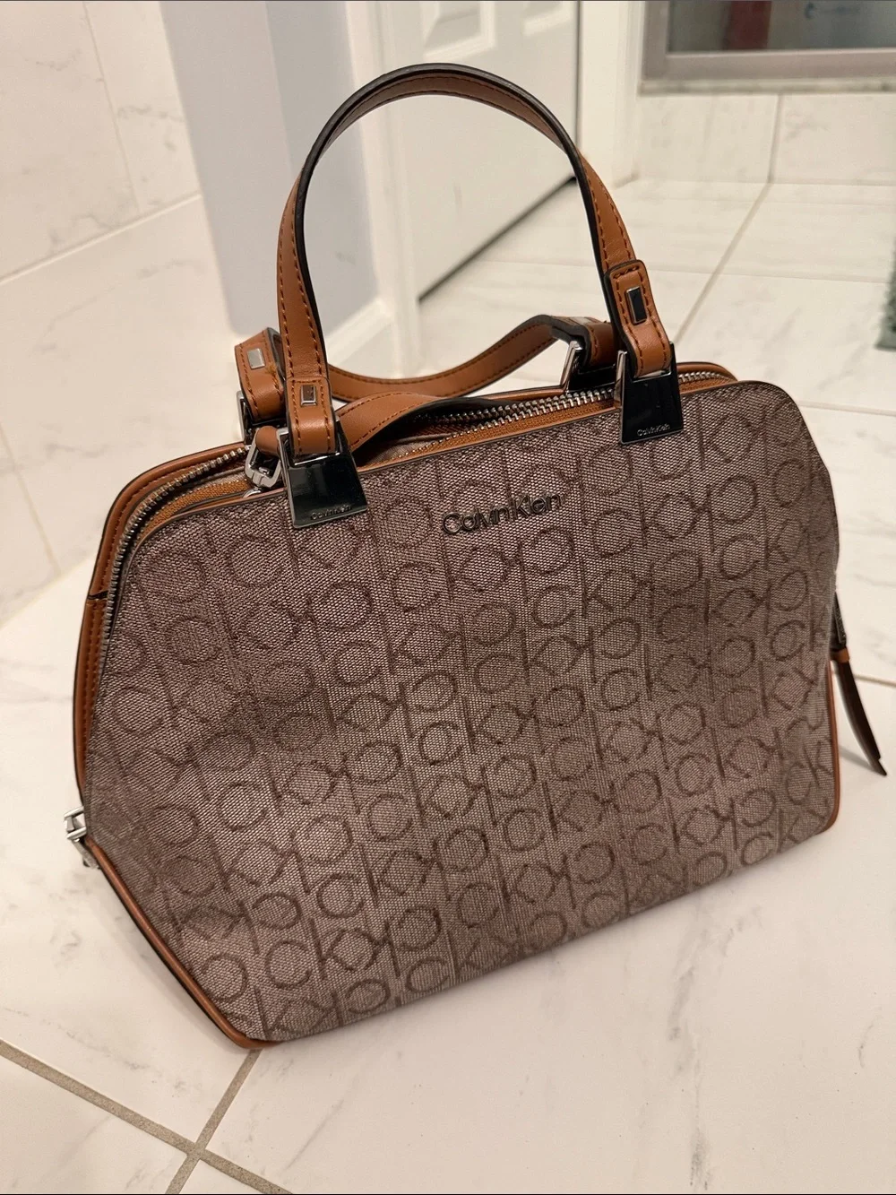Calvin Klein Brown Monogram Satchel with Tan Trim